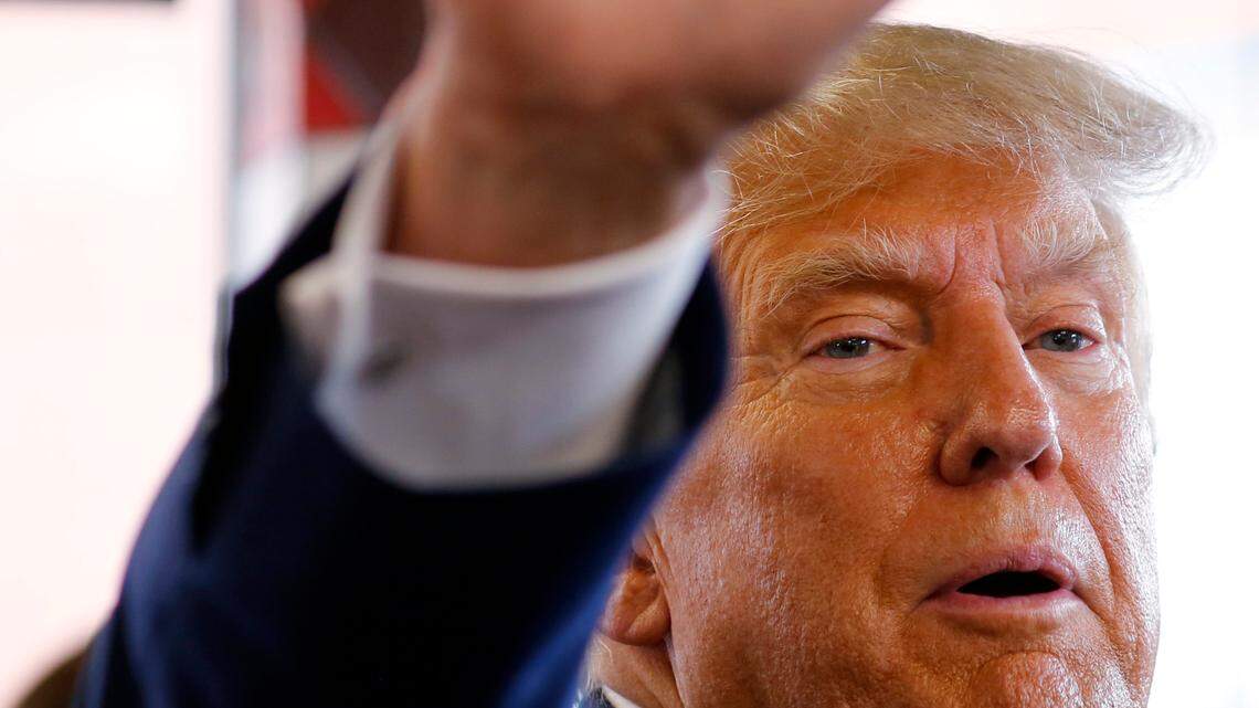 Former president Donald Trump visits the Waffle House at 1326 Veterans Parkway in Columbus, Georgia in 2023.