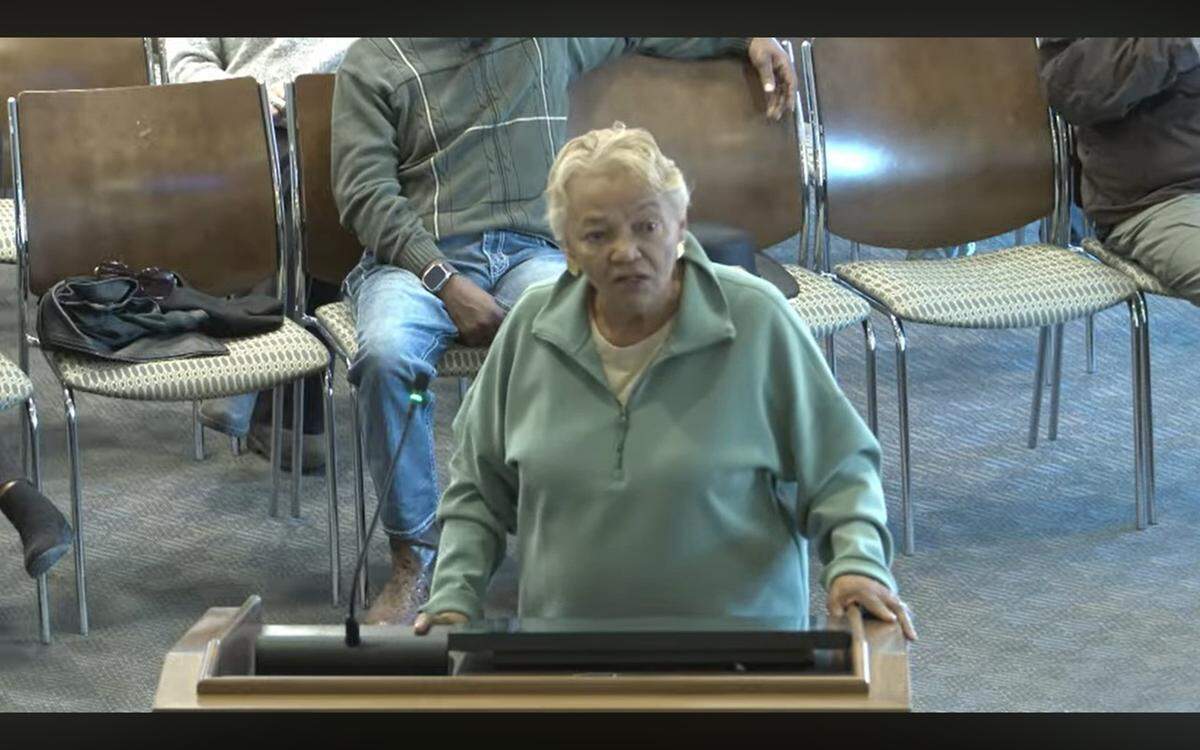 Columbus resident Patricia Ashley speaks against a rezoning request during a Dec. 9, 2025, Columbus Council meeting, arguing the proposed development off Veterans Parkway would exacerbate traffic problems.