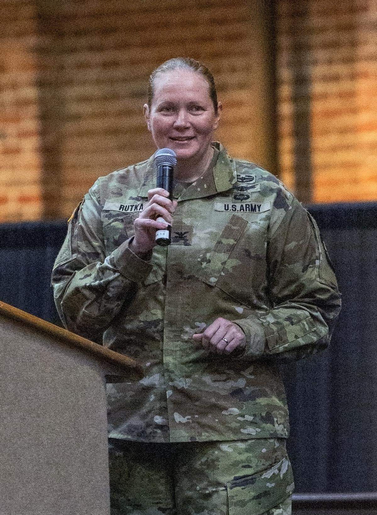 U.S. Army Col. Karen Rutka, chief of staff of the U.S. Army Cadet Command, welcomes teams to the JROTC All-Service National Drone Championship at the Columbus Convention and Trade Center on May 22, 2026.