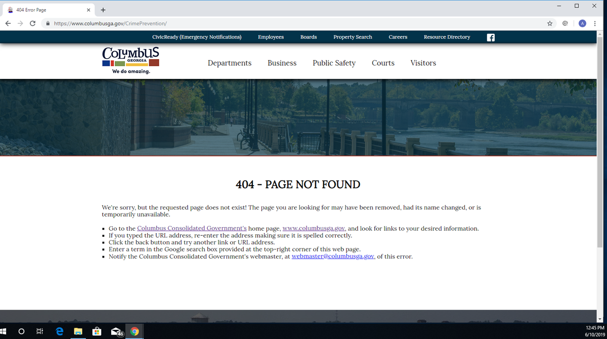 A screenshot from June 6 shows a broken link on the city website that is supposed to forward citizens to information about the Crime Prevention Board.