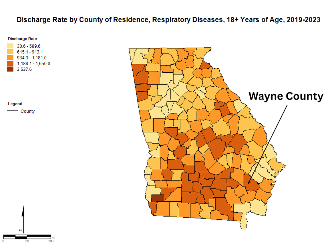 Georgia county by county discharge rate of adults with respiratory diseases between 2019 and 2023. Wayne County is at 1,211, nearly double the average Georgia county rate of 690. Created on June 5, 2025.