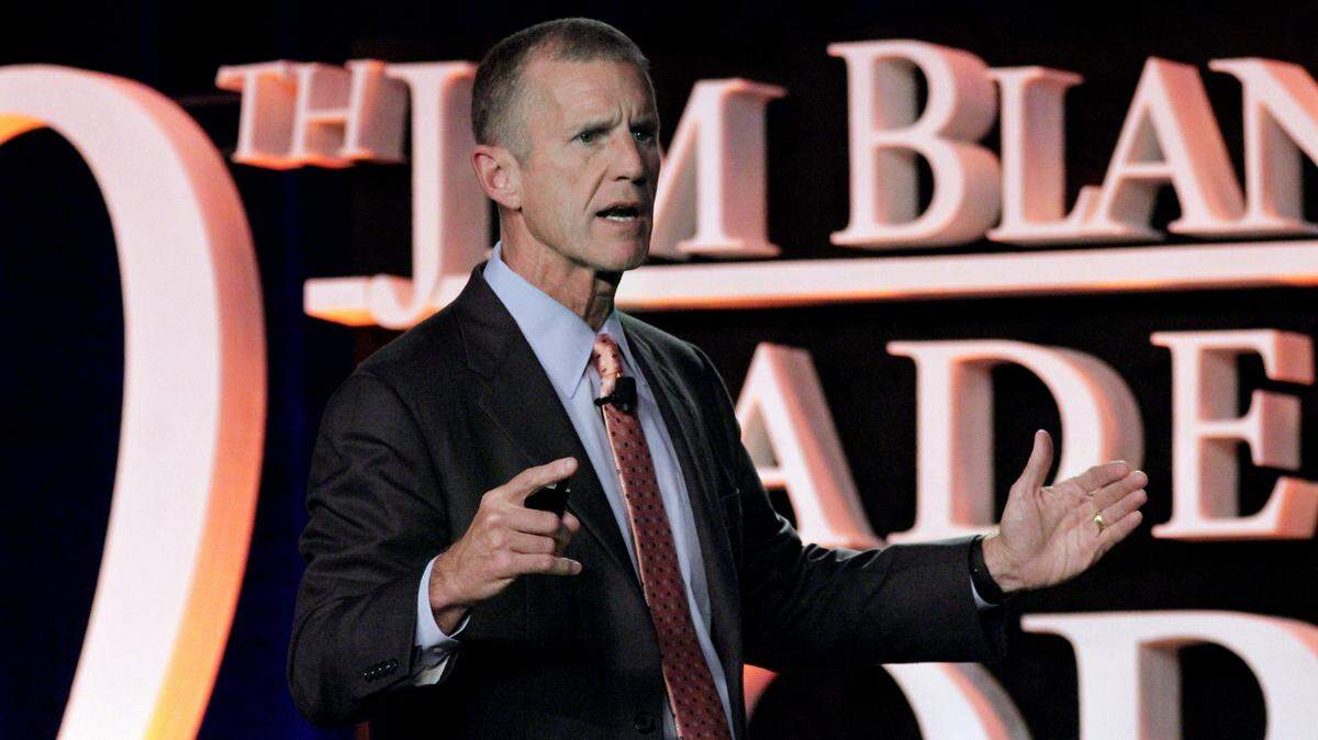 ROBIN TRIMARCHI rtrimarchi@ledger-enquirer.comRetired Gen. Stanley McChrystal discusses adapting leadership and organizational hierarchies during the 10th Jim Blanchard Leadership Forum Tuesday at the Columbus Convention & Trade Center. As commander of the Joint Special Operations Command from 2003-2008, he led the military counterterrorism efforts that captured Saddam Hussein, and killed of Abu Musab al-Zarqawi, the al-Qaeda leader in Iraq. In 2009, McChrystal assumed command of all U.S. and international forces in Afghanistan.  08.25.15