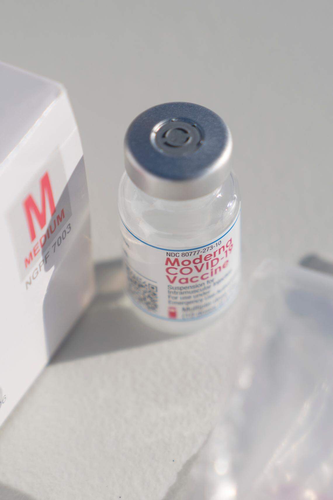 A vial of the Moderna COVID-19 vaccine at the Civic Center in Columbus, Ga. on Saturday, Jan. 23, 2021.