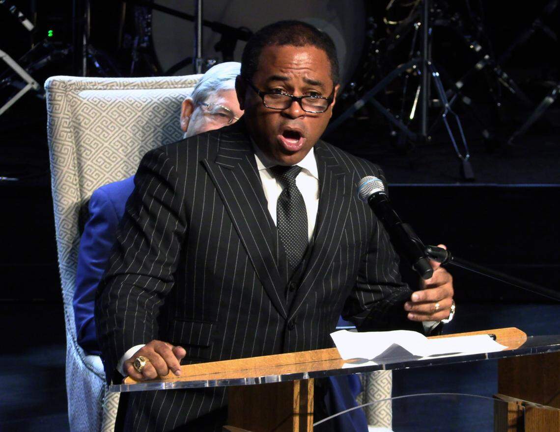 Travis Chambers, a friend of Stacey Jackson, speaks during a celebration of life service for Jackson Thursday afternoon at Cascade Hills Church in Columbus, Georgia. 05/16/2024