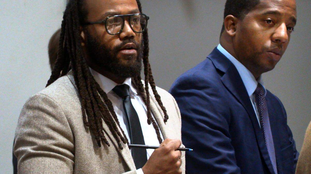 Defense attorneys William Kendrick, left, and Anthony Johnson, listen to testimony Thursday morning in Columbus Recorder’s Court. Kendrick and Johnson were representing two juvenile defendants, both of whom are facing murder charges. 01/12/2023
