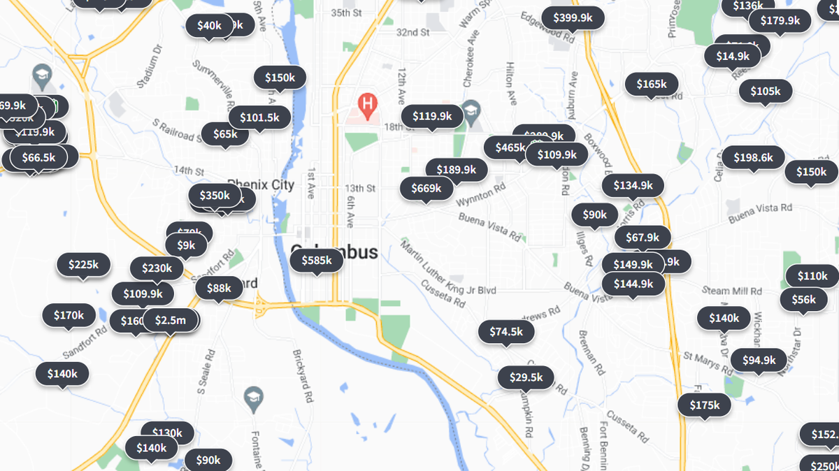 Map of Columbus and Phenix City shows homes up for sale across the area and the prices they are listed.