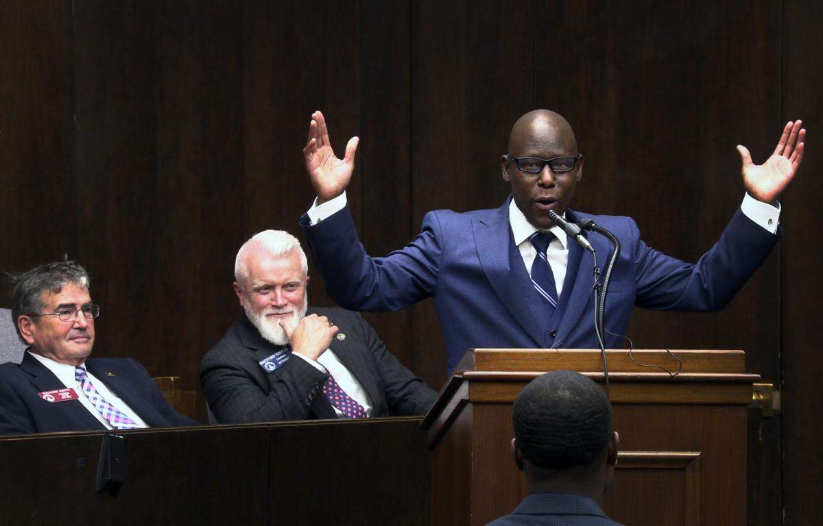 Stacey Jackson speaks to a packed courtroom Friday afternoon after he was sworn in as the new district attorney for the Chattahoochee Judicial Circuit. 05/20/2022