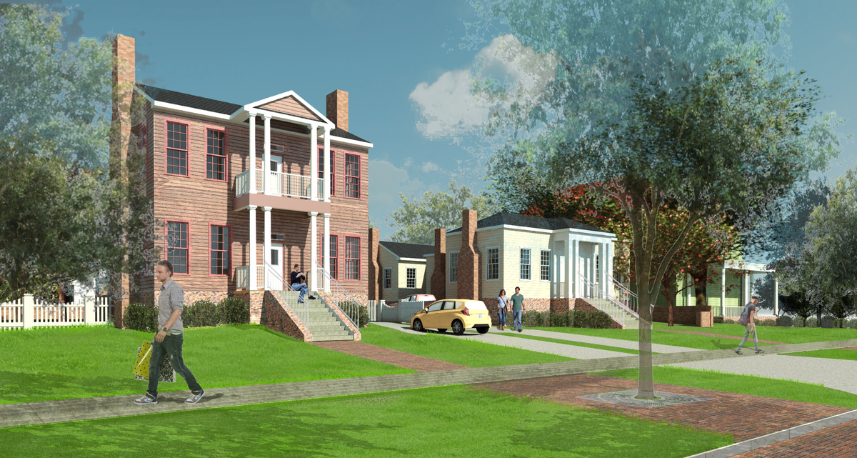 A $2 million project from Historic Columbus would replace a downtown park with five 19th-century homes and revamp a public space along the Chattahoochee River. This is a rendering of a couple of the homes.