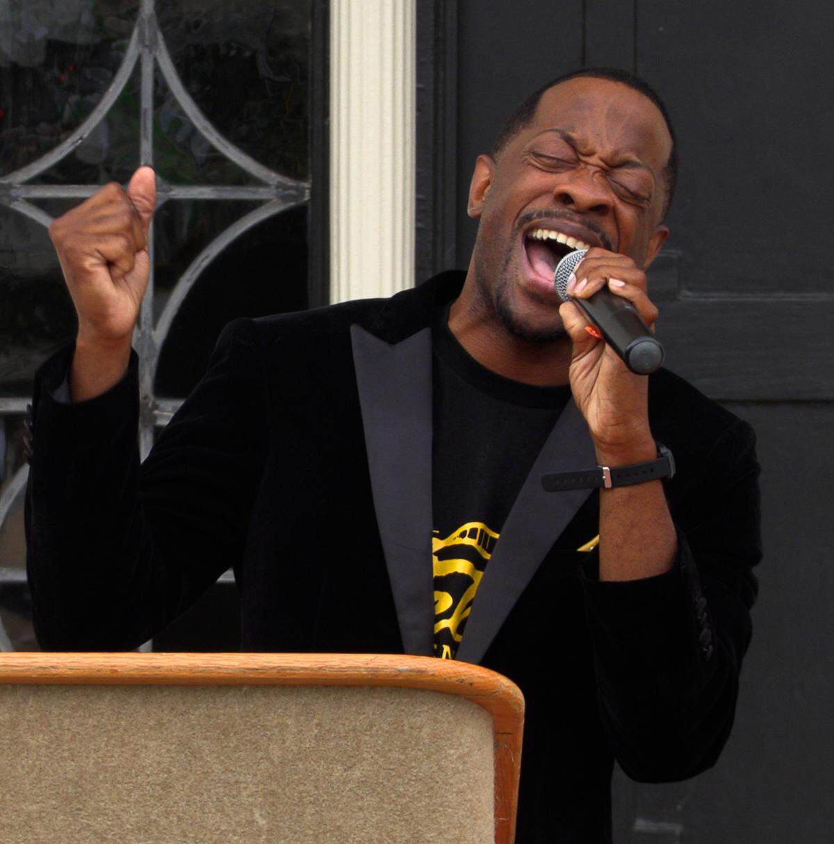 Lamont Hill from the cast of “Men of Motown” performs the song “My Girl” Thursday morning during a press conference announcing the events scheduled for this year’s Juneteenth Jubilee celebration in Columbus, Georgia. 06/06/2024