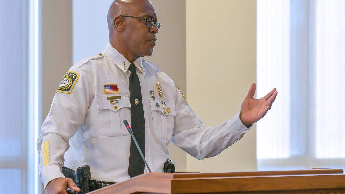Columbus Police Chief Freddie Blackmon presents a strategic plan to Columbus Council in this March 14, 2023, file photo.