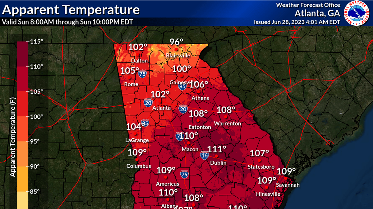 A heat map for the state of Georgia for the July 4 weekend by the National Weather Service.