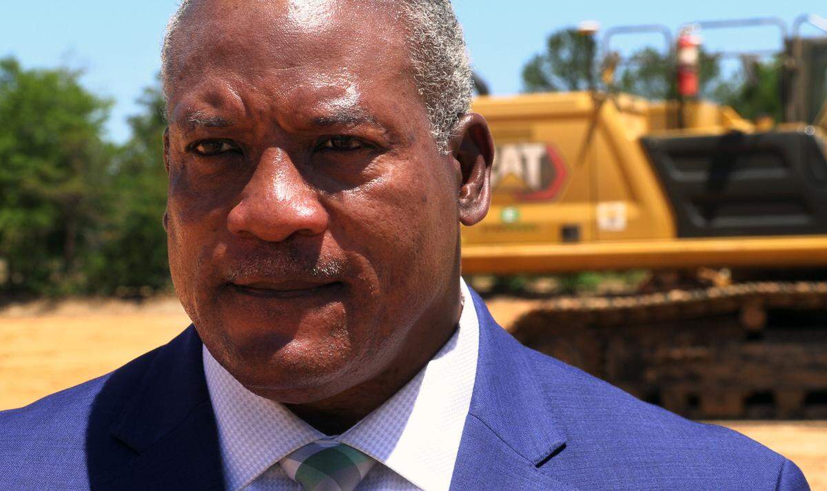 Phenix City Mayor Eddie Lowe speaks to the media after officials had a ceremonial groundbreaking Thursday for the expansion of the Daechang Seat Corp., USA manufacturing facility in Phenix City, Alabama. 05/12/2022