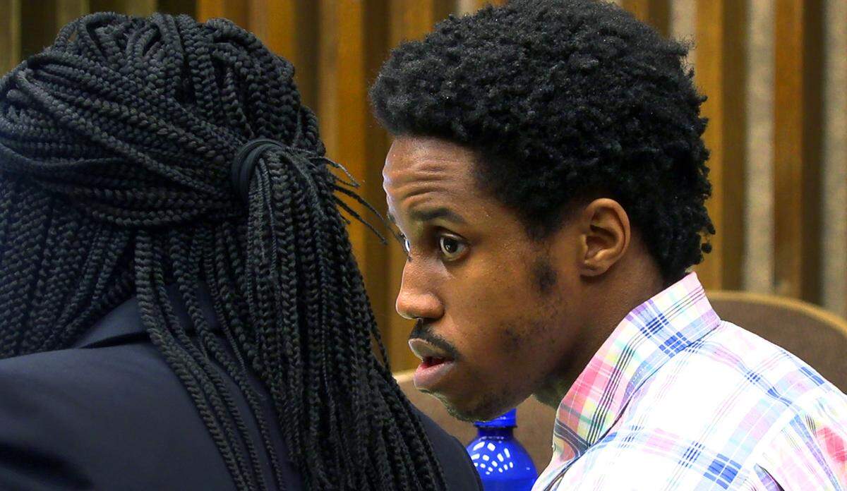 Valintino Dewashington Tucker listens to testimony in his murder trial in Muscogee Superior Court Wednesday afternoon. He’s accused of killing Ronald Davis in Columbus, Georgia on Nov. 16, 2016. 05/04/2022