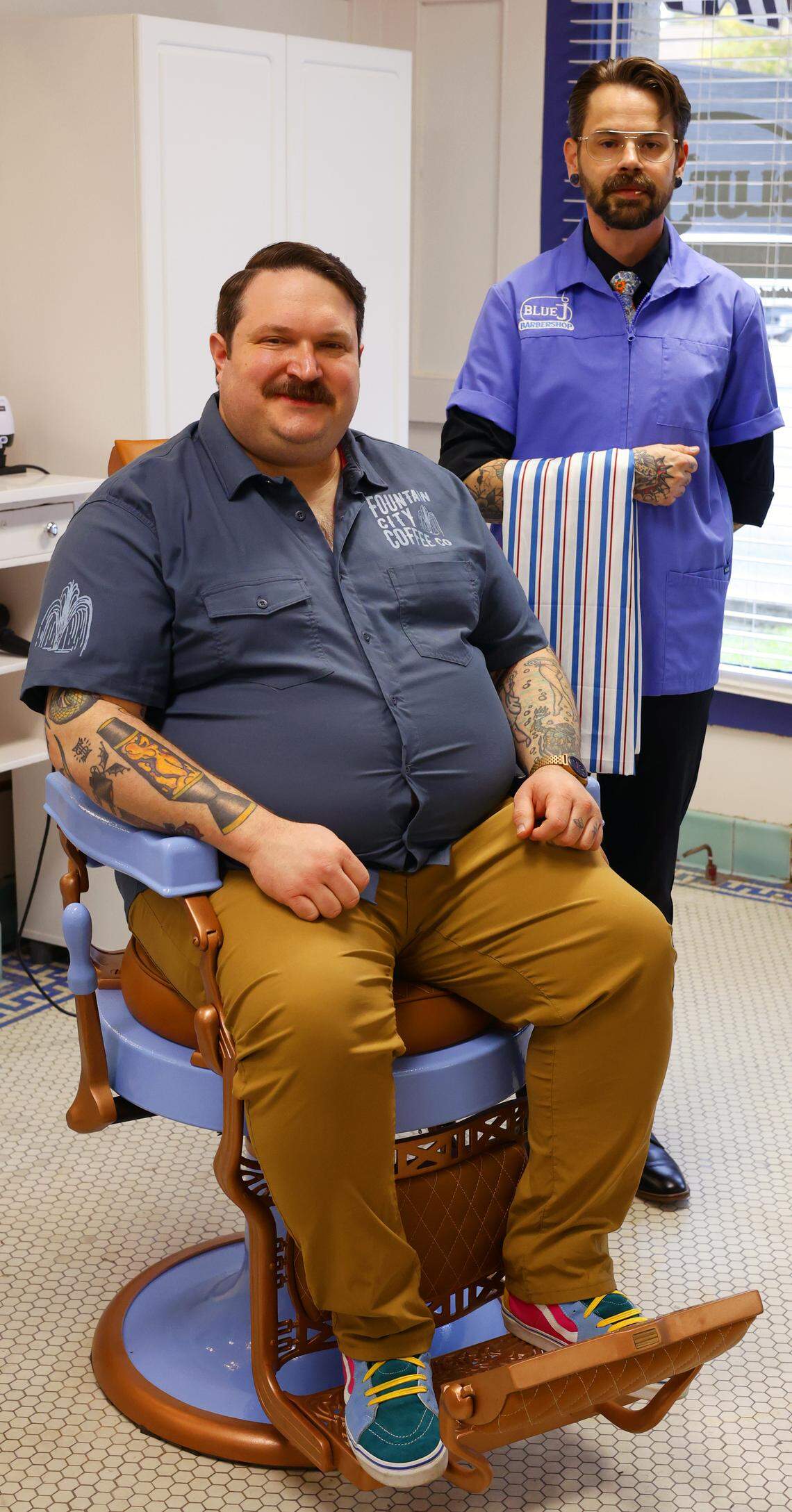 After 16 years, a historic Columbus barbershop has reopened. Jud Richardson, left, owner of Fountain City Coffee, and Joshua McKeehan, master barber, have teamed up to reopen the Blue J Barbershop, 2220 Wynnton Road, pictured Nov. 7, 2025.