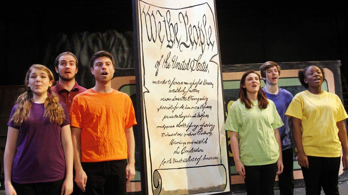 The Columbus State University cast of "Schoolhouse Rock Live!" rehearse "The Preamble," a number from the production. From left are Elizabeth Gibs, Mickey Cole Jr., Brett Taylor, Kirin Wilson, Joel Crumbley and Indya Bussey.