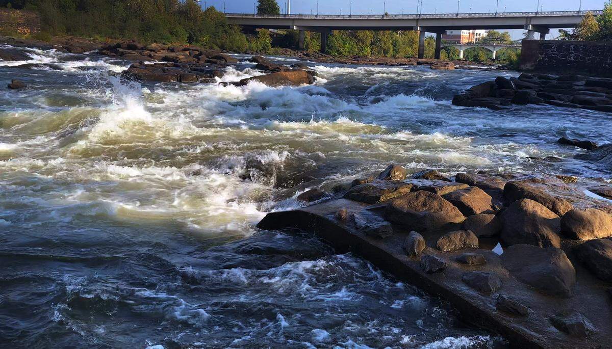 The Chattahoochee River flows past Waveshaper Island in Columbus, Georgia.