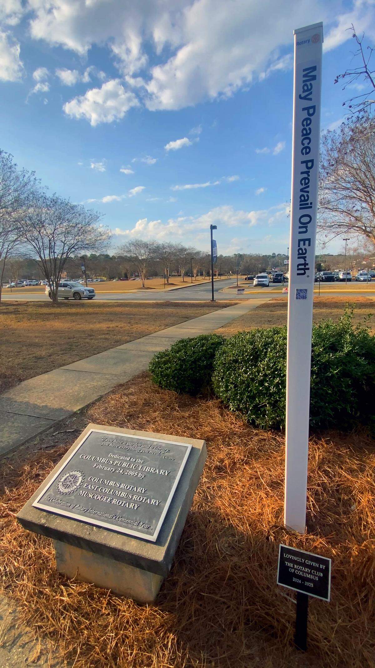The Rotary Club of Columbus conducted a Peace Pole dedication ceremony Feb. 19, 2026, at the Columbus Public Library. The Peace Pole is inscribed with messages of peace in four languages.