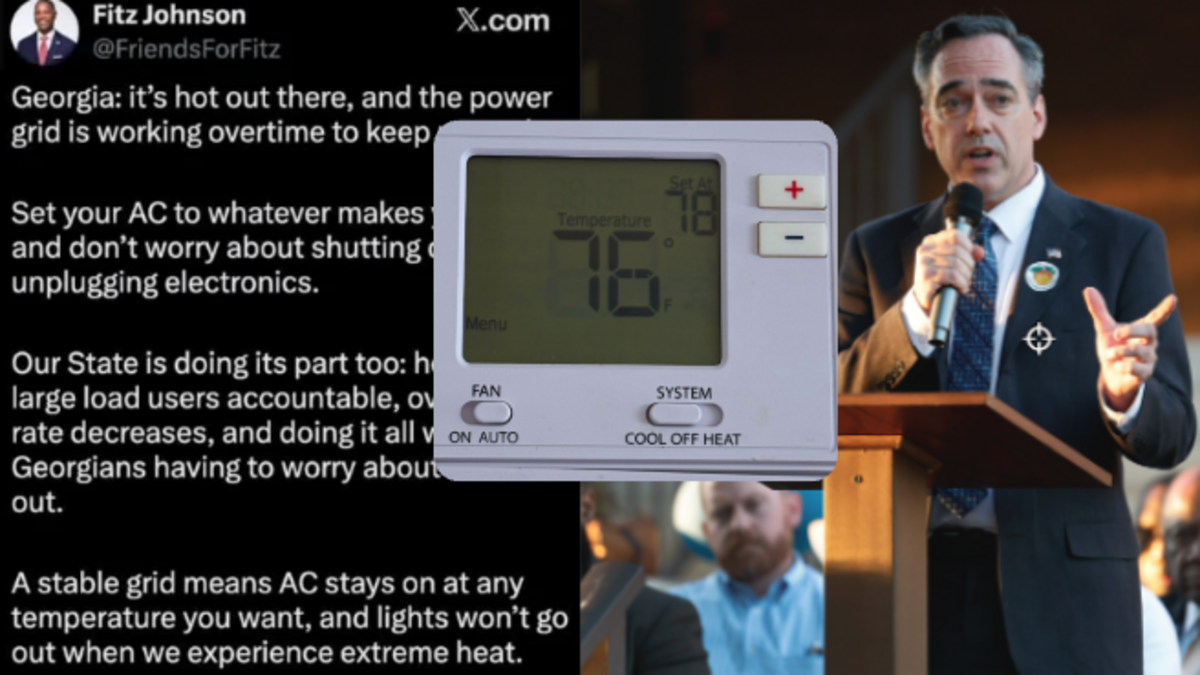 Former and current District 5 Georgia Public Service Commissioners disagree about what is reasonable for thermostat temperature during a heat wave. Left: A Fitz Johnson tweet on X. Right: Peter Hubbard, speaks at the Muscogee County Democratic Committee’s office in Columbus on Oct. 14, 2025.