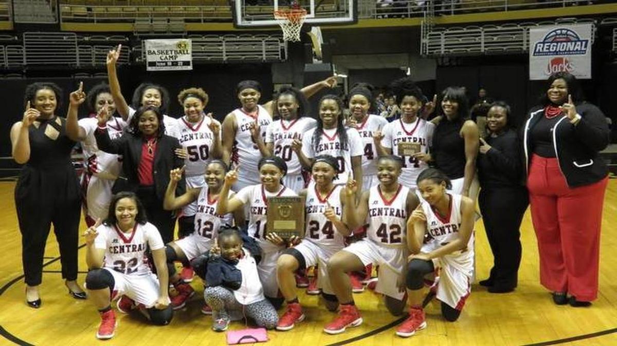 The Central Lady Red Devils celebrate after beating Auburn in Alabama State’s Acadome in Montgomery, Alabama, to advance to the Class 7A Final Four on Tuesday, February, 2017.
