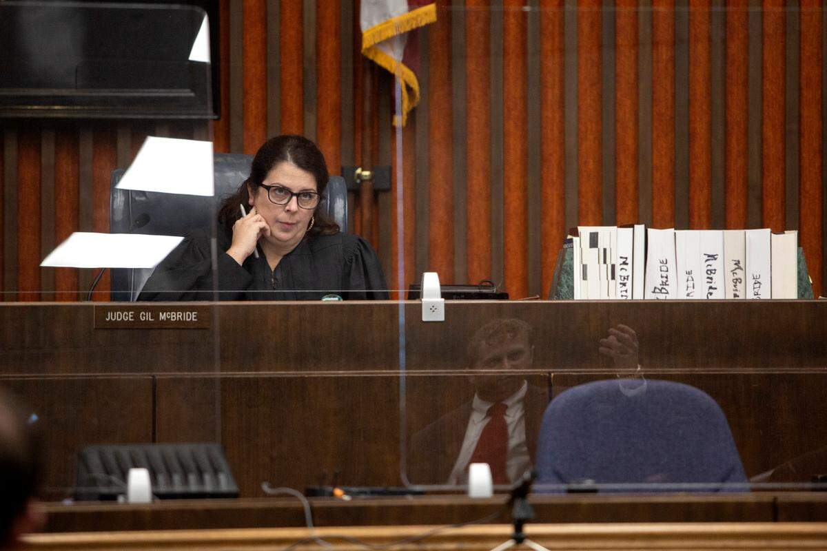 Judge Katherine Lumsden presides over a pretrial motions hearing for suspended Columbus District Attorney Mark Jones, on Oct. 21, 2021, at the Government Center in Columbus, Ga.