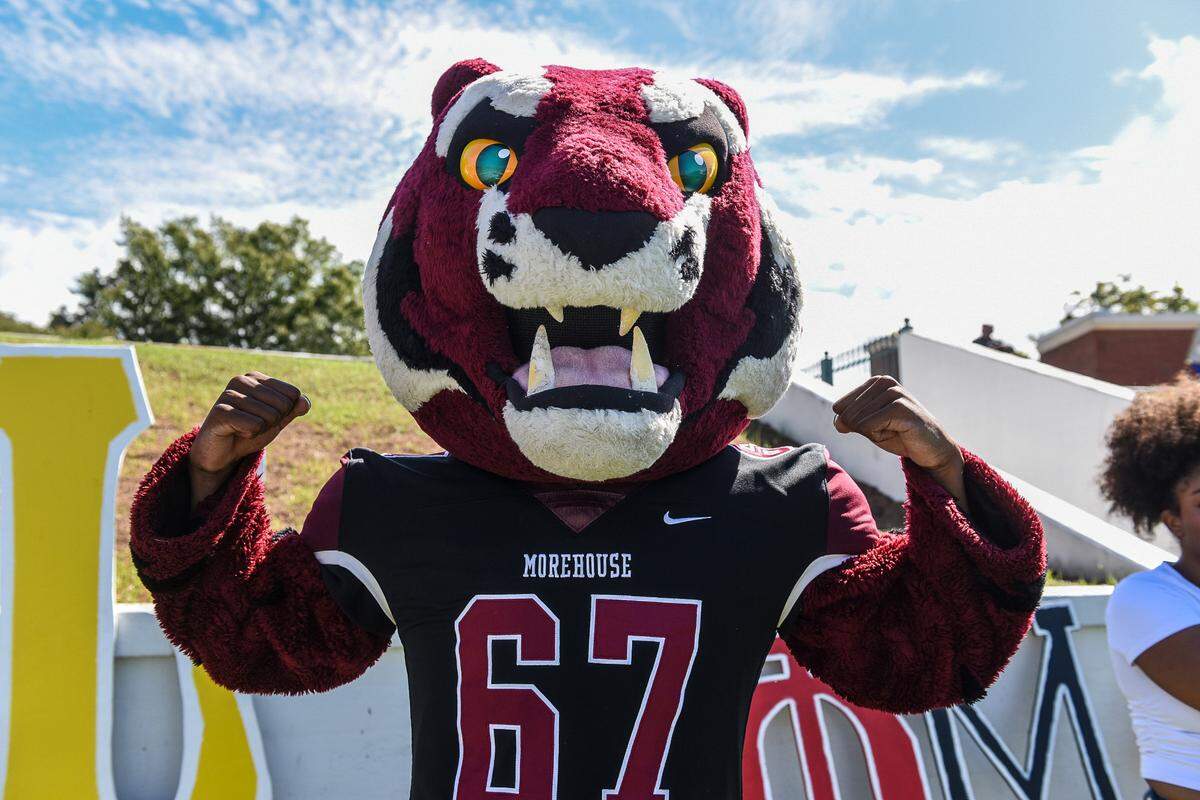 Morehouse College’s mascot poses for a photo at the Tuskegee Morehouse Football Classic on Saturday, Oct. 5, 2024. Tuskegee won the game 42-0.
