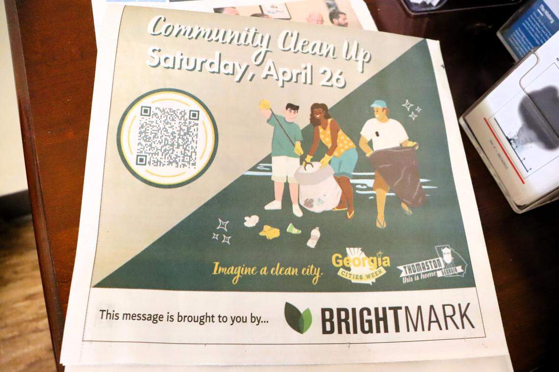 The back of the Upson Beacon newspaper on April 8, 2025, has a community clean-up ad sponsored by Brightmark.
