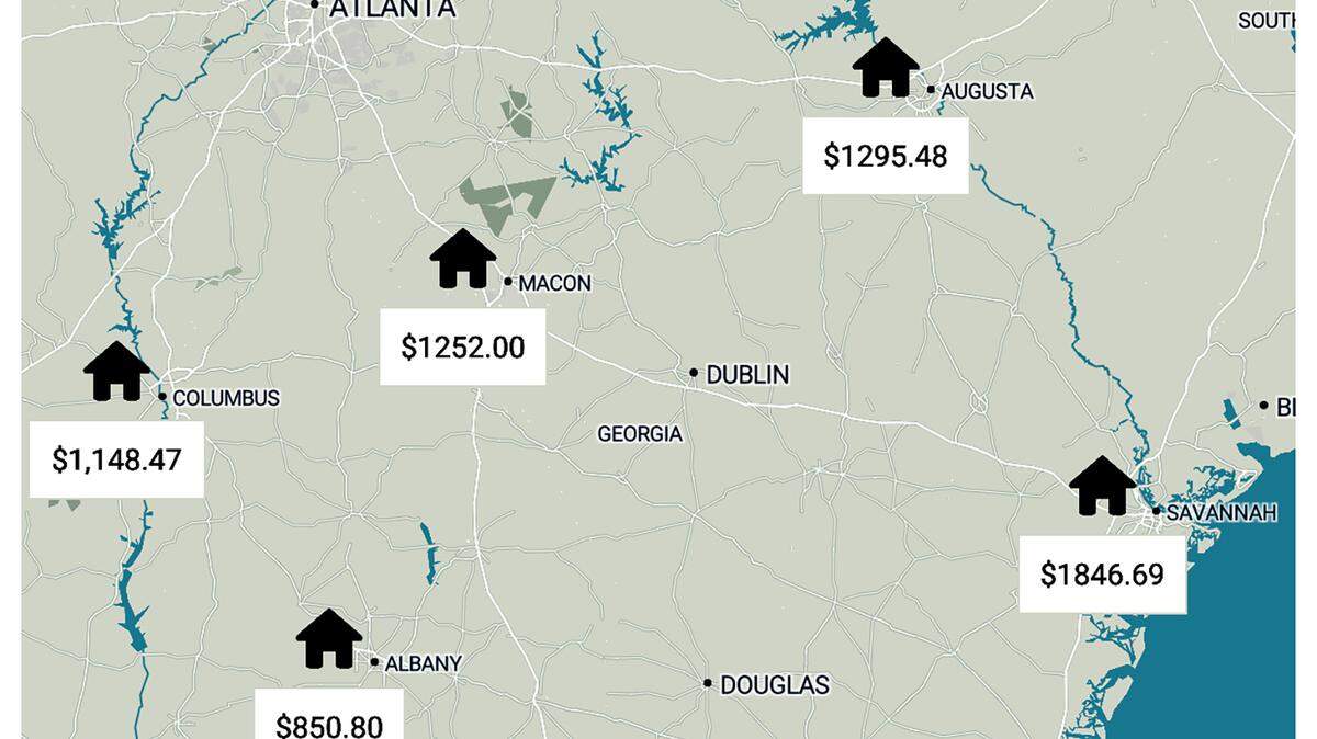 This map shows the market rate rent for Columbus and four other cities in Georgia on May 31, 2023