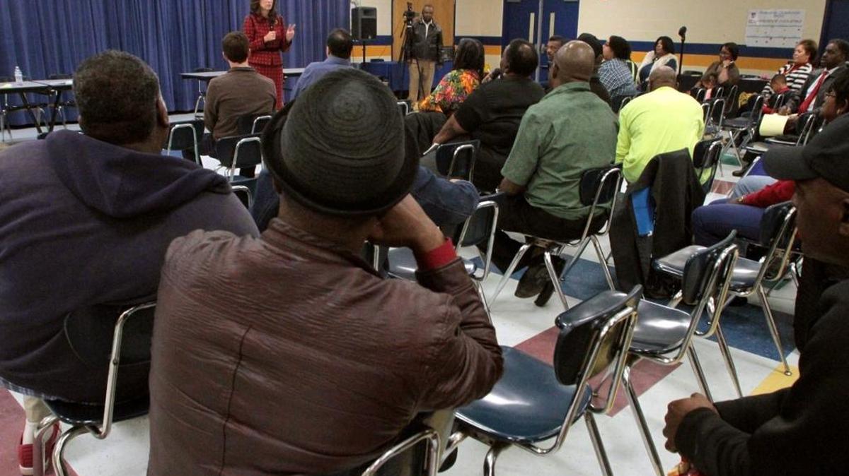 Mayor Teresa Tomlinson answers questions at the "Talk with the Mayor" public forum Thursday at the East Columbus Magnet Academy. Several Columbus City department heads and other employees were in attendance to discuss a variety of topics, including trash pickup, recycling, traffic and economic development.