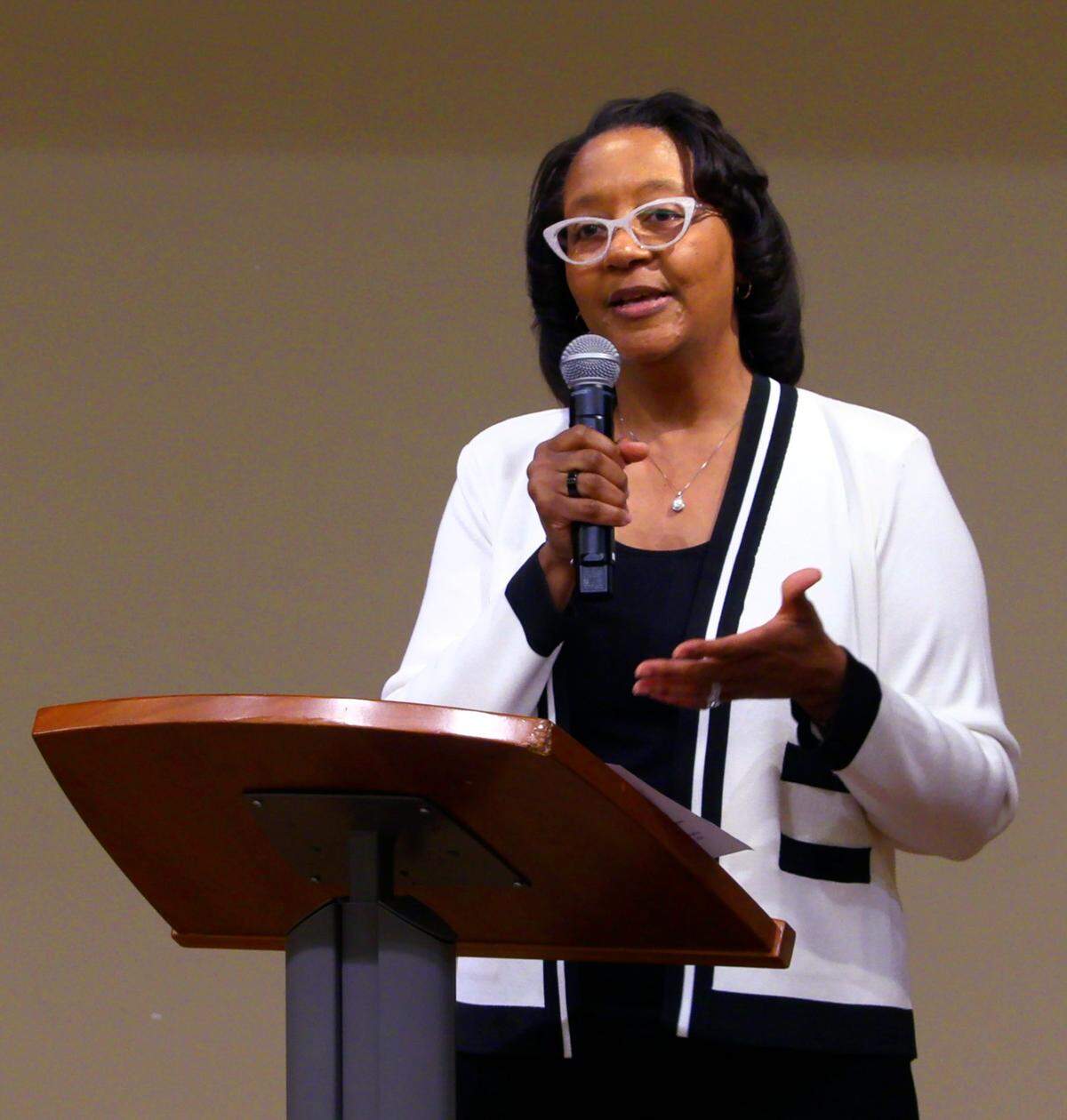 Belva Dorsey-Mott, the CEO of Enrichment Services Program Inc., speaks Friday afternoon during a press conference in the Columbus Public Library, announcing the goals of the Office of Poverty Reduction in Columbus, Georgia. 03/07/2025