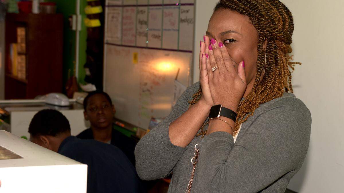 Baker Middle School math teacher Dacia Irvin is surprised in her classroom by Muscogee County School District superintendent David Lewis as members of the Muscogee Educational Excellence Foundation announce that she is one of three finalists for the 2019 MCSD Teacher of the Year award Thursday, March 7, 2019.