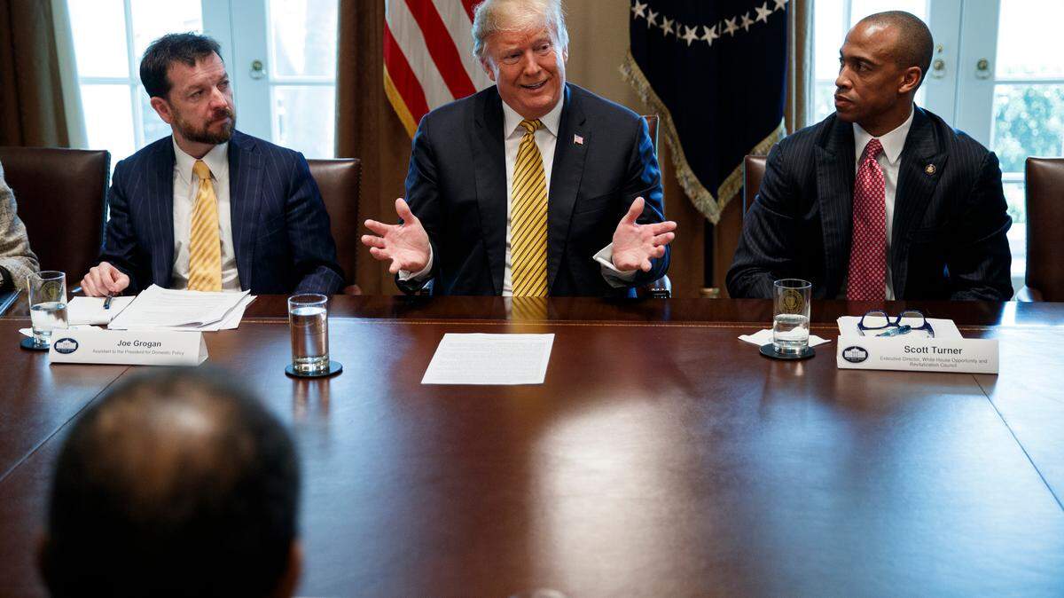 President Donald Trump speaks Thursday during the White House Opportunity and Revitalization Council meeting in the Cabinet Room of the White House in Washington