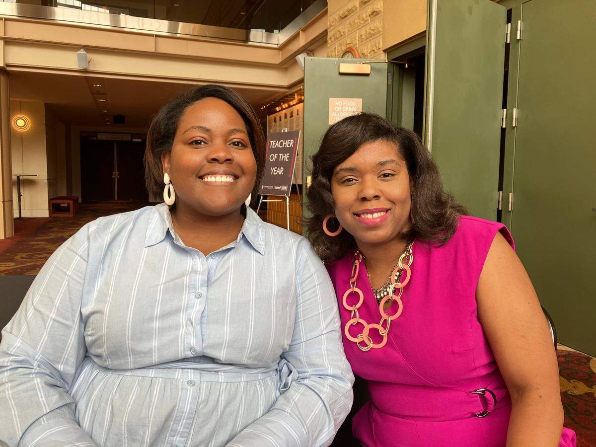 Nicole Hodge of Britt David Magnet Academy, left, and Tasca Blanding of Gentian Elementary School pose for a photo Jan. 24, 2024, in the RiverCenter for the Performing Arts after they were announced among the 55 nominees for the Muscogee County School District Teacher of the Year Award. Blanding taught Hodge in fourth grade at Waddell Elementary School.