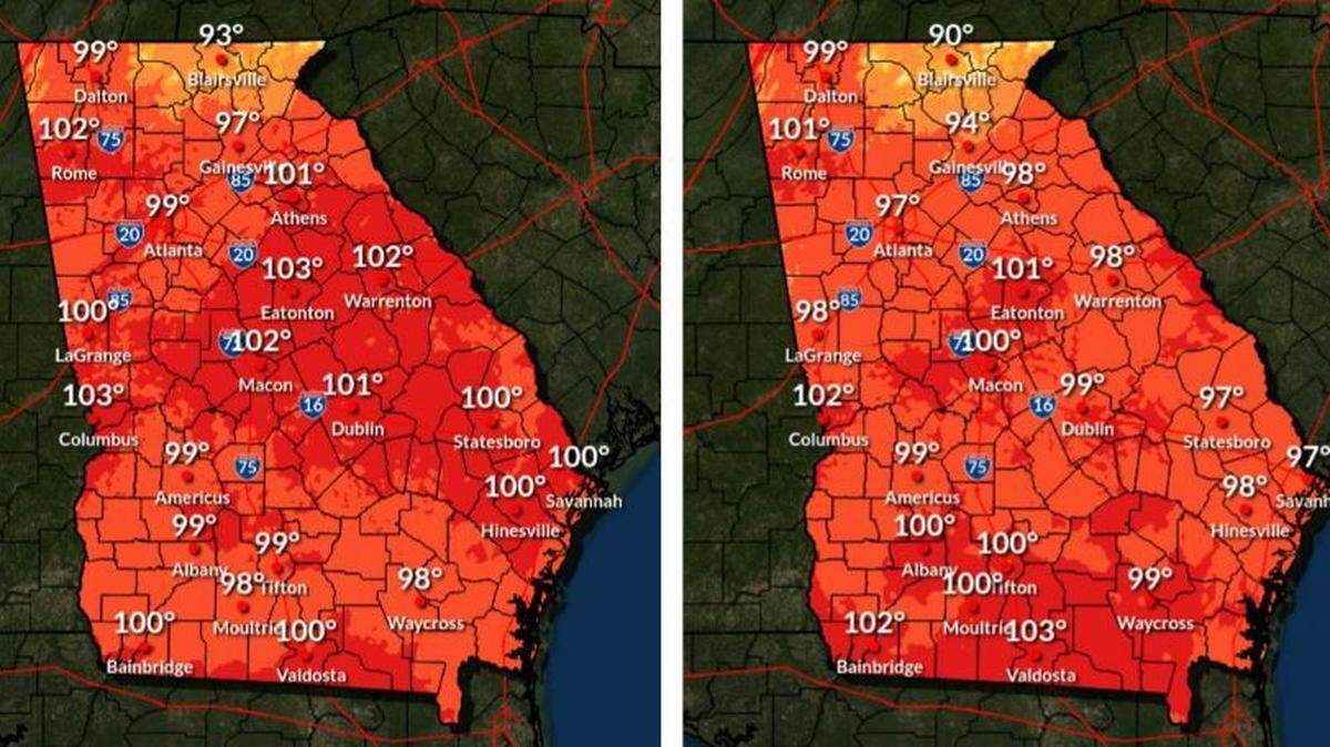 This June 14, 2024 map from the National Weather Service shows temperature spikes across Georgia. Left: Saturday heat index, Right: Sunday heat index on that weekend. Georgia Power is expanding its energy bill discount program as residents deal with high costs for air conditioning this summer.