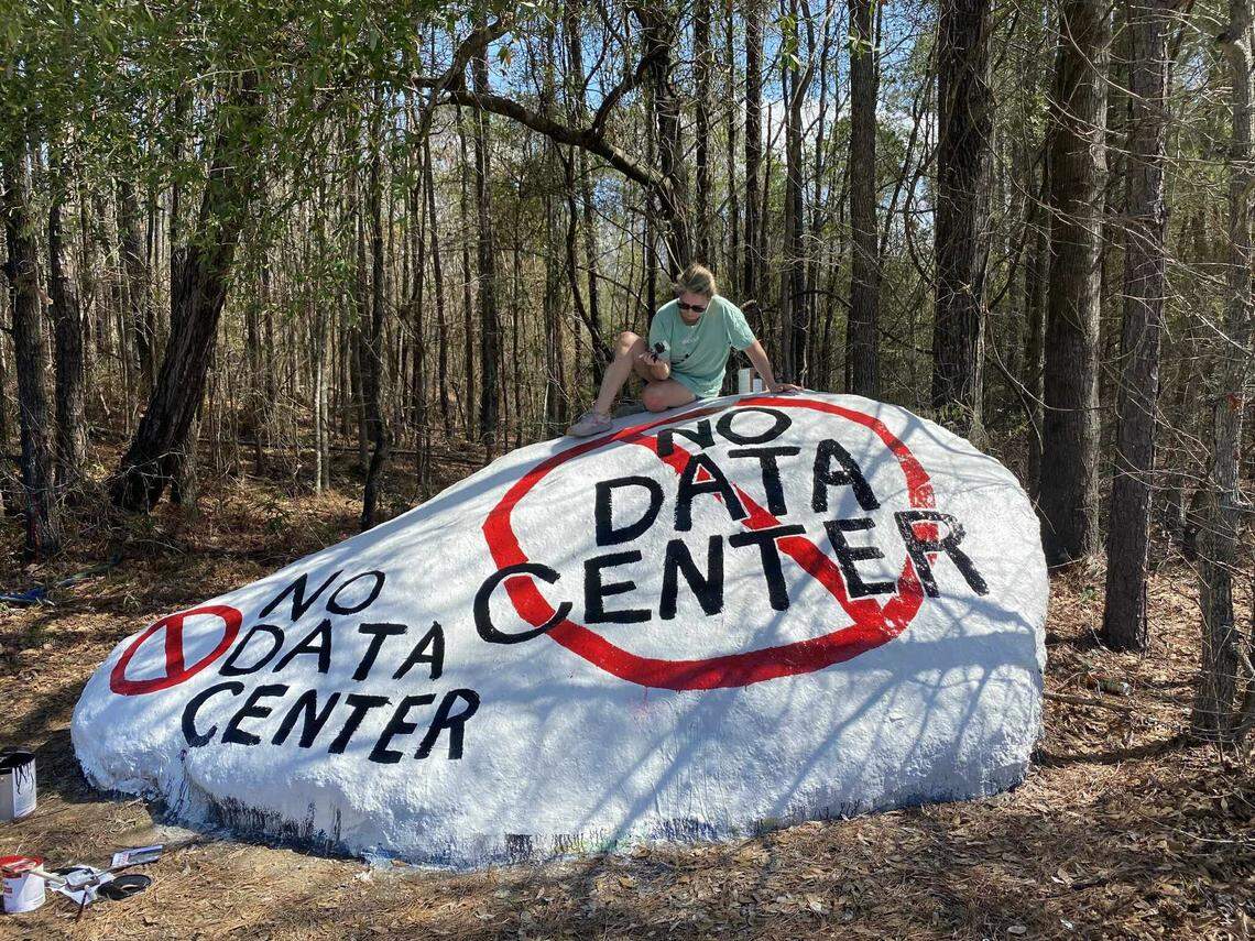 Kim Hicks paints “The Rock” at the intersection of McKee Road and Macon Road in Columbus to say “NO DATA CENTER” on March 7, 2026. It’s traditionally painted during special events like birthdays and celebrations in the neighborhood.