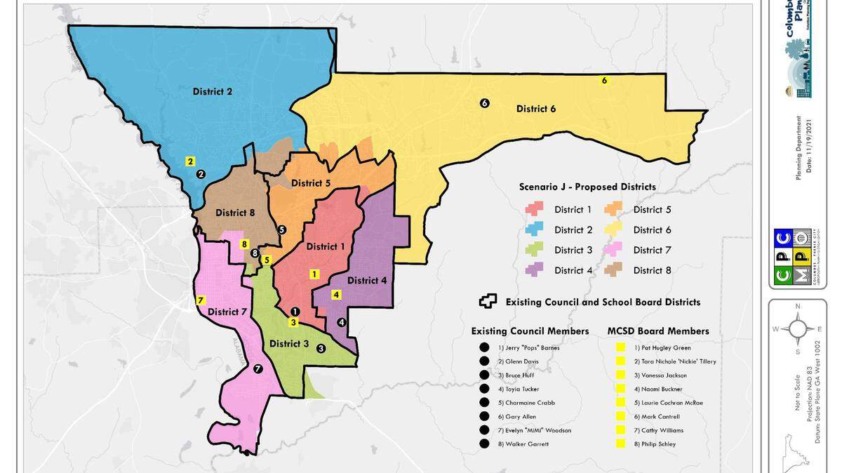 The Columbus Districting Commission voted to approve Map J, seen above. State officials, the Muscogee County School Board and the Columbus Council must still approve the commission’s proposal.