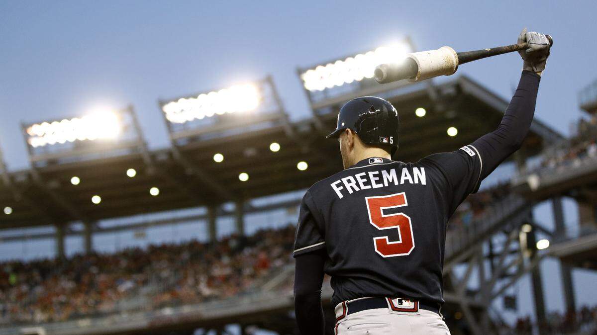 Atlanta Braves’ Freddie Freeman prepares for an at-bat during a baseball game against the Washington Nationals, Saturday, June 22, 2019, in Washington.