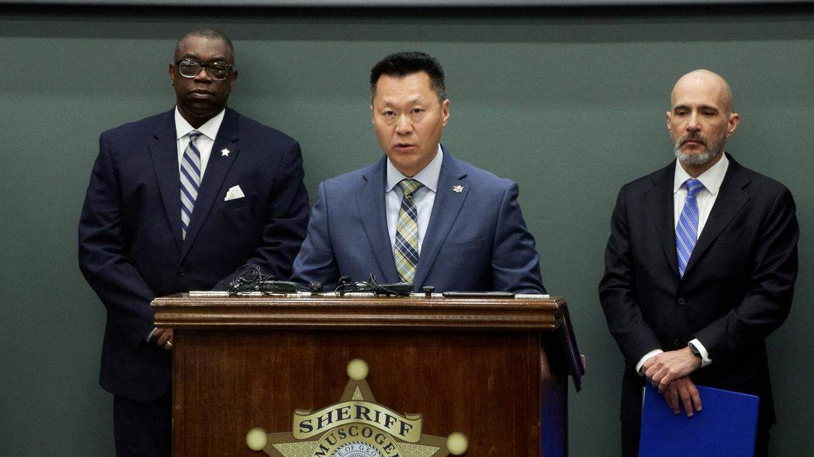 Jae W. Chung, special agent in charge with the Drug Enforcement Administration in Atlanta, center, speaks during an April 20, 2026, news conference at the Muscogee County Sheriff’s Office in Columbus about the results of Operation Sweet Silence.