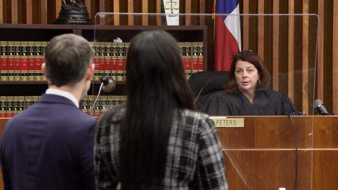 Visiting Judge Katherine Lumsden addresses the court after suspended Columbus District Attorney Mark Jones accepted a plea deal in the felony misconduct trial against him, on Nov. 15, 2021.