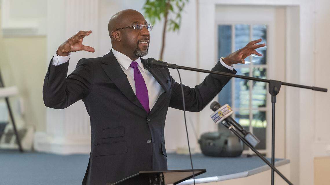 Senate candidate Rev. Raphael Warnock at a Meet and Greet with former Columbus Mayor Teresa Tomlinson, Sen. Ed Harbison, Reps. Calvin Smyre, Carolyn Hugley, and Debbie Buckner at the Greater Beallwood Baptist Church in Columbus, Georgia Friday afternoon, October 2, 2020