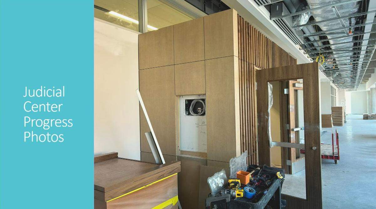 Progress photo of outside the courtroom in the new Judicial Center in Columbus, GA, that was presented during a Columbus Council work session on March 31, 2026.