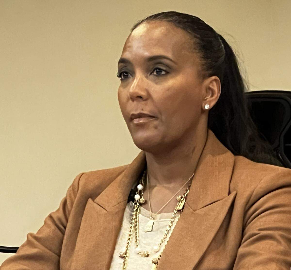 Keisha Lance Bottoms, a Democratic gubernatorial candidate in Georgia, participates in the Saving Democracy Forum in Columbus on March 12, 2026, at the Page-Doleman Complex, 800 Eighth Street.