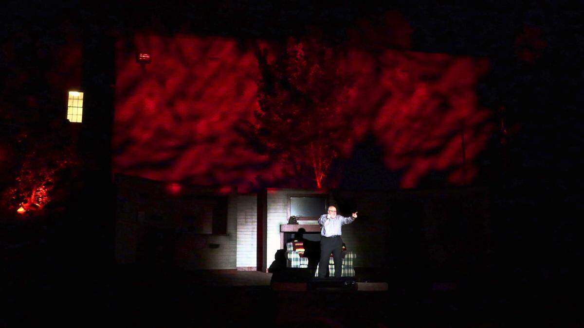 Paul Pierce producing artistic director at The Springer Opera House in Columbus, Georgia, rehearses his welcoming speech Tuesday night during a rehearsal for “Evil Dead The Musical. The Springer opens the 2020-2021 season with “Evil Dead The Musical” in the Springer parking lot at 10th Street and 2nd Avenue. It’s the first new show the Springer has produced for a live audience since mid-March when “Singin’ in the Rain” was halted because of the coronavirus pandemic. The show combines elements from the “Evil Dead” films, and sets them to music. It’s recommended for mature audiences because of simulated violence, mature themes, and strong language.