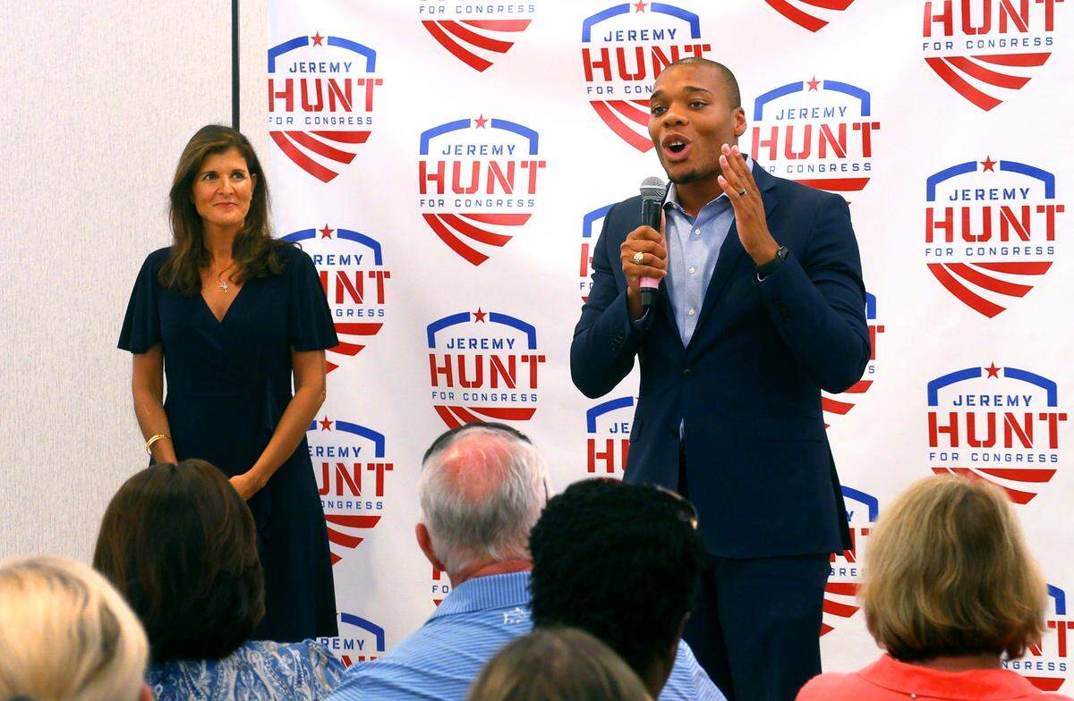 Former United States Ambassador to the United Nations Nikki Haley, left, campaigns with Republican congressional candidate Jeremy Hunt in Columbus, Georgia Wednesday afternoon. 06/08/2022