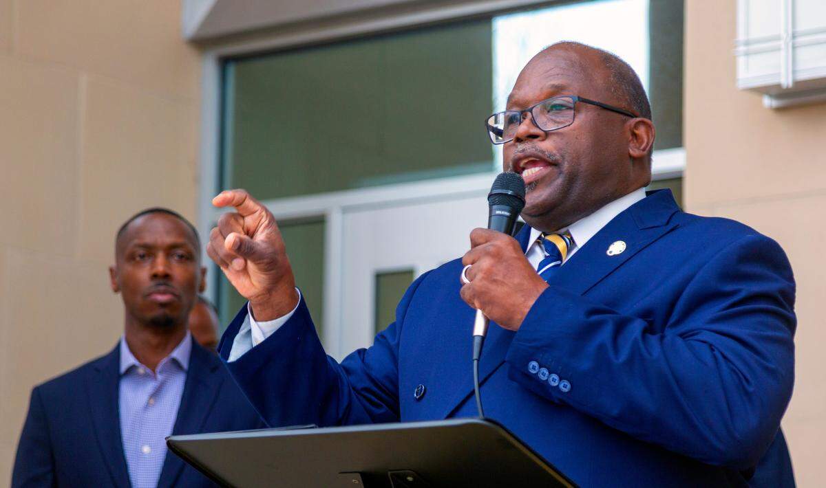 Ed DuBose, national NAACP board member and the Georgia state administrator, speaks during a Monday afternoon news conference on the steps of the Citizens Service Center in Columbus, Georgia, related to the appointment and swearing in of John Anker as a Columbus Councilor. 03/24/2025