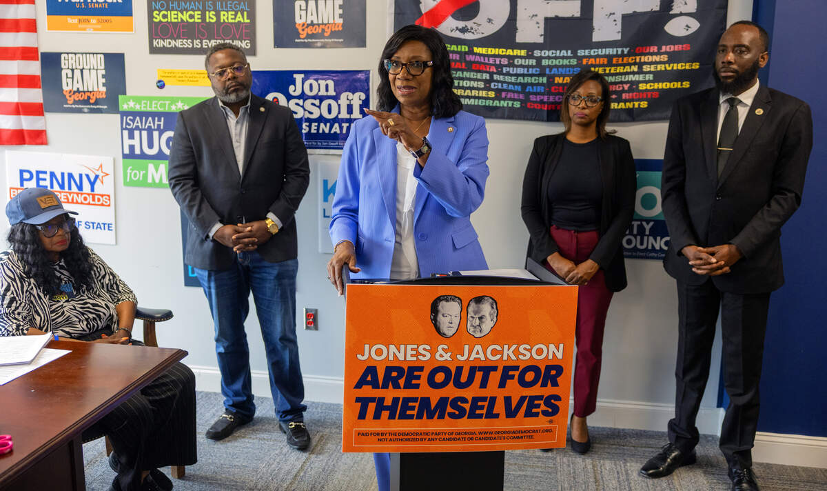 The Georgia House of Representatives minority leader, state Rep. Carolyn Hugley (D-Columbus), center, speaks during a news conference June 8, 2026, in Columbus, starting the Georgia Democrats’ “Out for Themselves Tour,” criticizing the Republican gubernatorial runoff election candidates, Lt. Gov. Burt Jones and healthcare executive Rick Jackson. Also speaking during the event were, from left, community activist Gloria Tyson, state Rep. Teddy Reese (D-Columbus), Columbus Councilor Simi Barnes of District 1 and Marquese Averett, a candidate for Georgia House District 140.