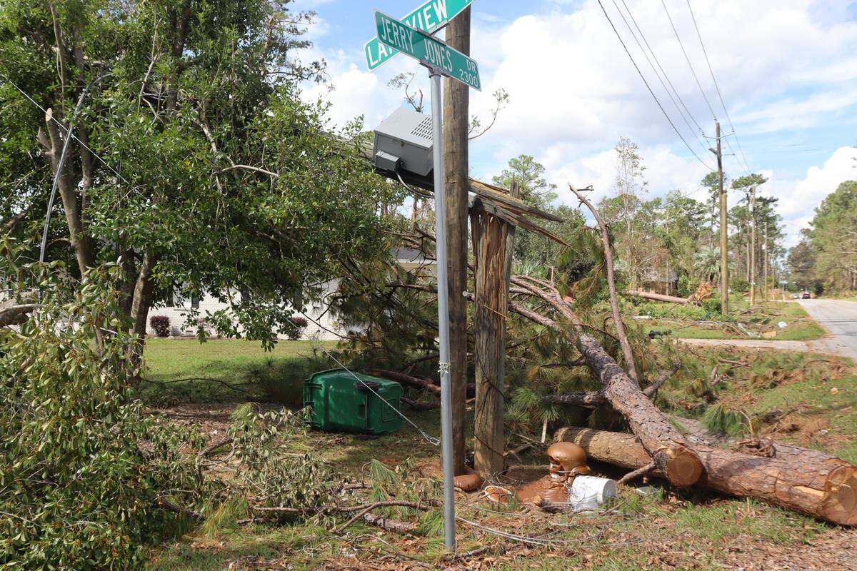 Power line pole collapsed from Hurricane Helene’s 111 mph winds in Valdosta, Georgia. Oct. 4, 2024
