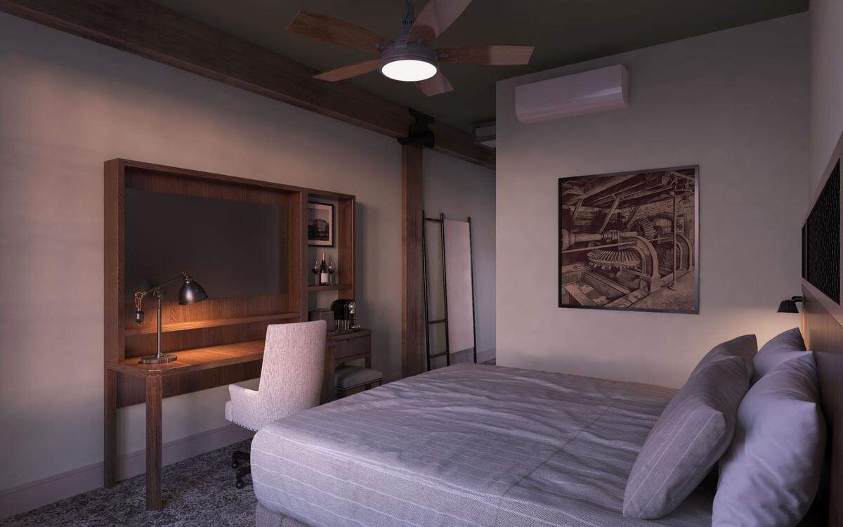 A rendering of a king bed room at City Mills’ upcoming hotel, provided by Historic Columbus Foundation. There is currently $10 million worth of investment in City Mills.