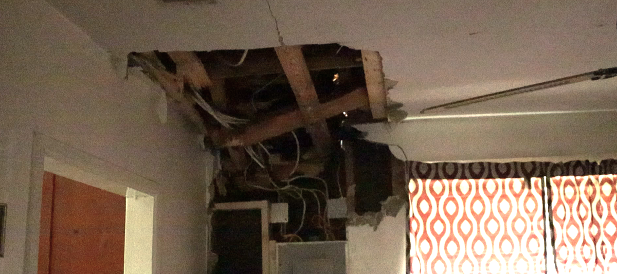 Hurricane Helene caused a tree to fall on top of Alice Legier’s home. The tree is still on top of the house with exposed wires and layers of construction.