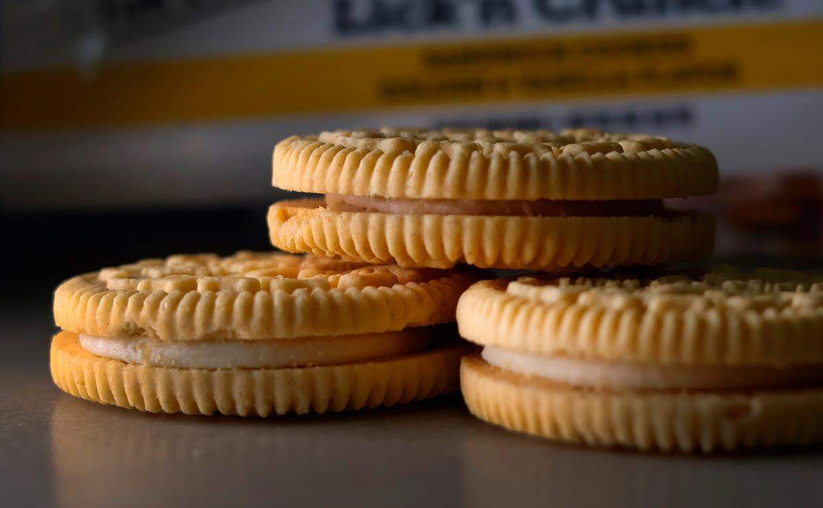 These cookies are from a mini pack of six, golden and vanilla flavor sandwich cookies for dogs that will be for sale at Three Dog Bakery in downtown Columbus, Georgia. 01/30/2024