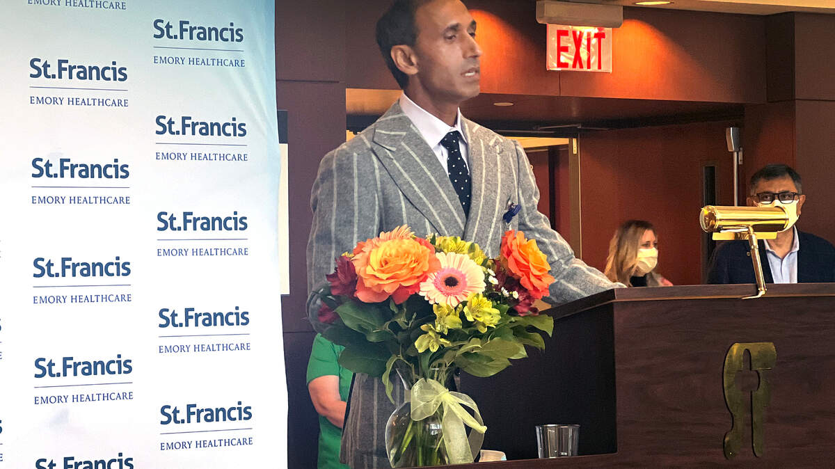 Dr. Jagdeep Singh, MD, St. Francis-Emory Healthcare’s chief medical officer, speaks Friday afternoon during an event introducing and welcoming their first internal medicine resident class. 06/24/2022